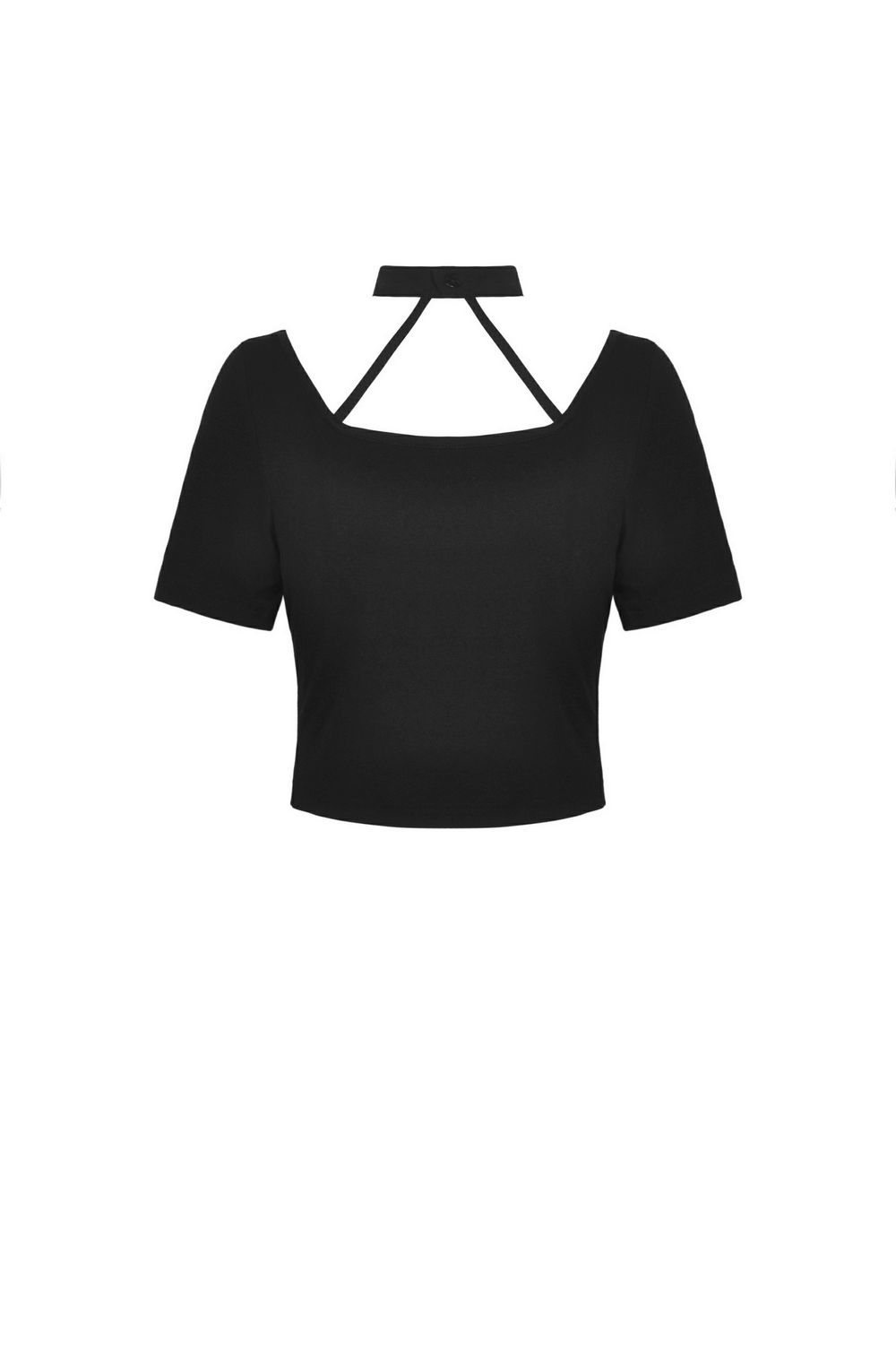 Elegant black crop top with unique neckline and chain detail, perfect for modern style upgrades.