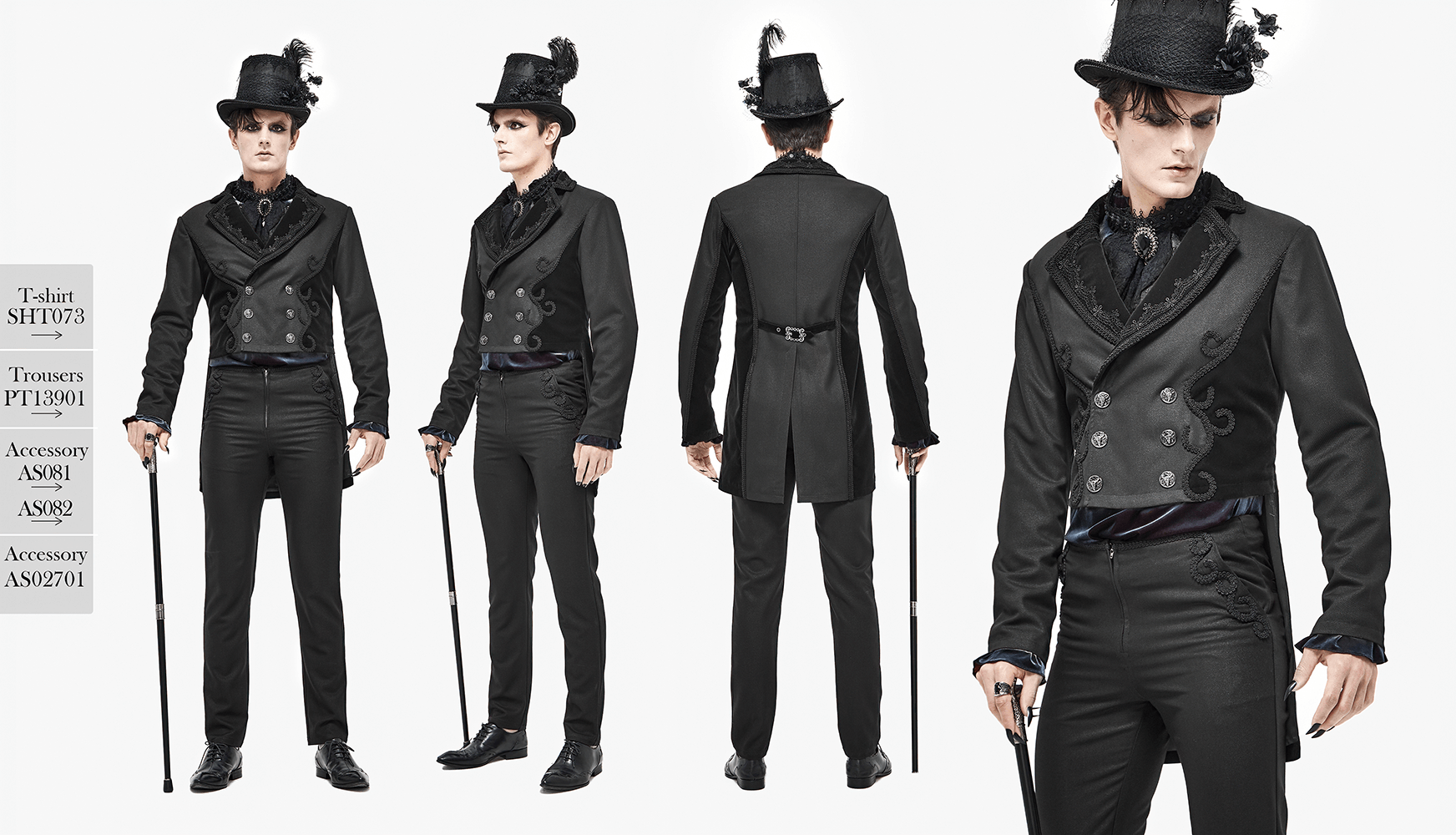 Elegant black vintage tail coat with stylish snap buttons in gothic style, paired with matching accessories.