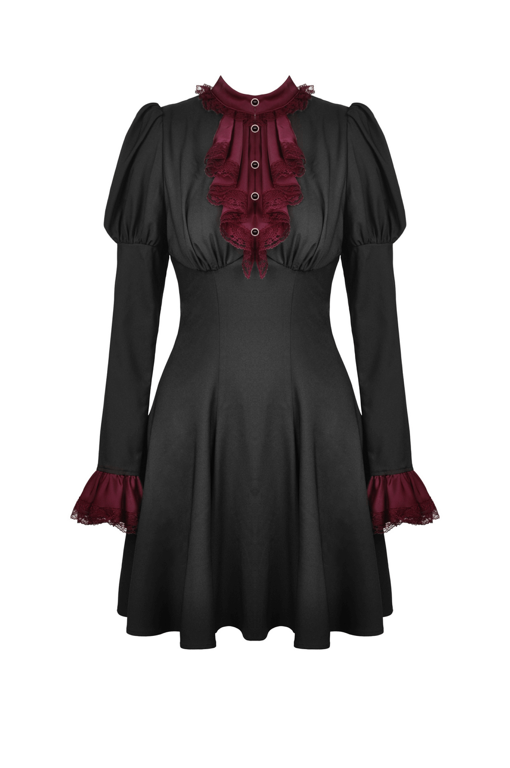 Vintage-inspired black dress with burgundy lace details and lace-up back, perfect for elegant evening events.