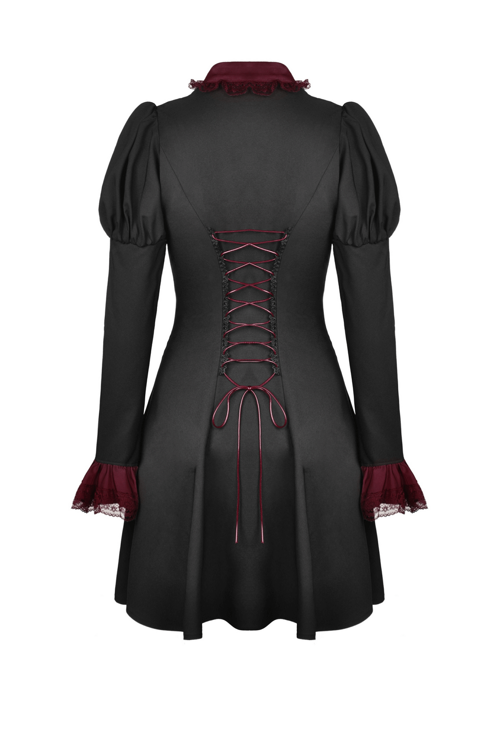 Vintage-inspired black dress featuring burgundy lace and lace-up detail at the back, perfect for elegant evening events.