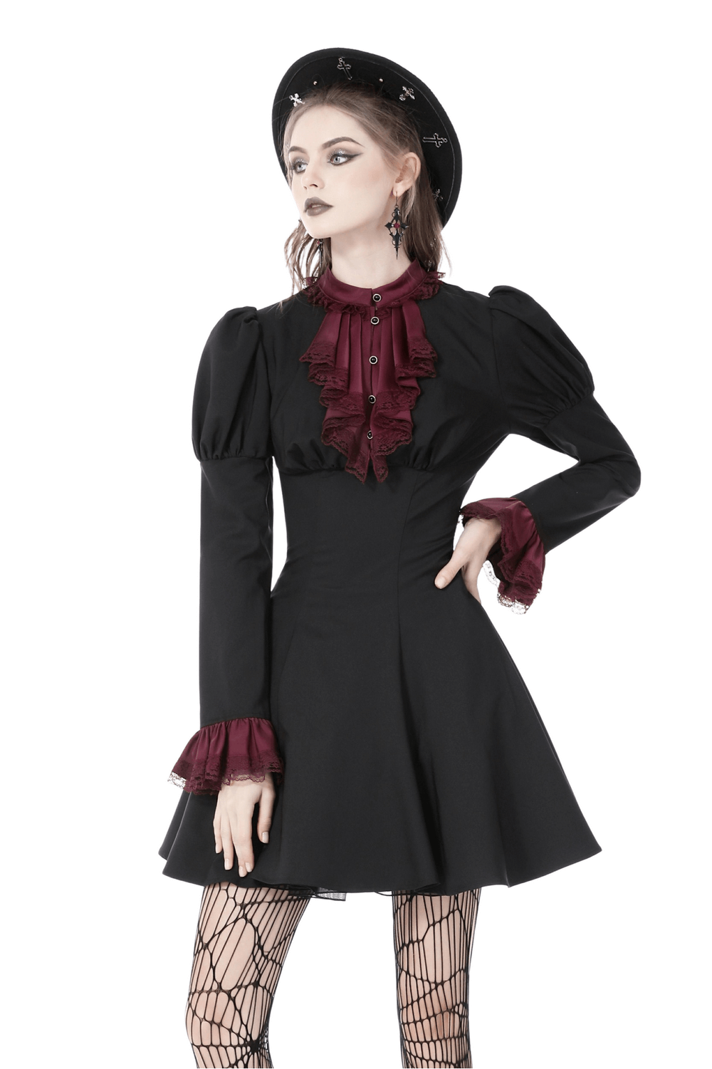 Elegant vintage-inspired black dress with burgundy lace and lace-up detail for evening events.