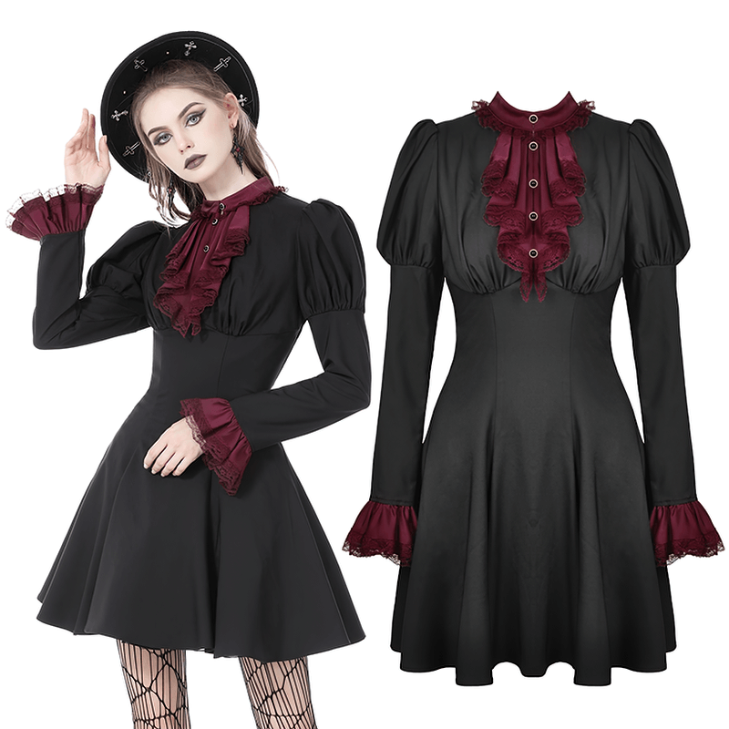 Stunning vintage-inspired black dress with burgundy lace and lace-up detail, perfect for evening elegance.