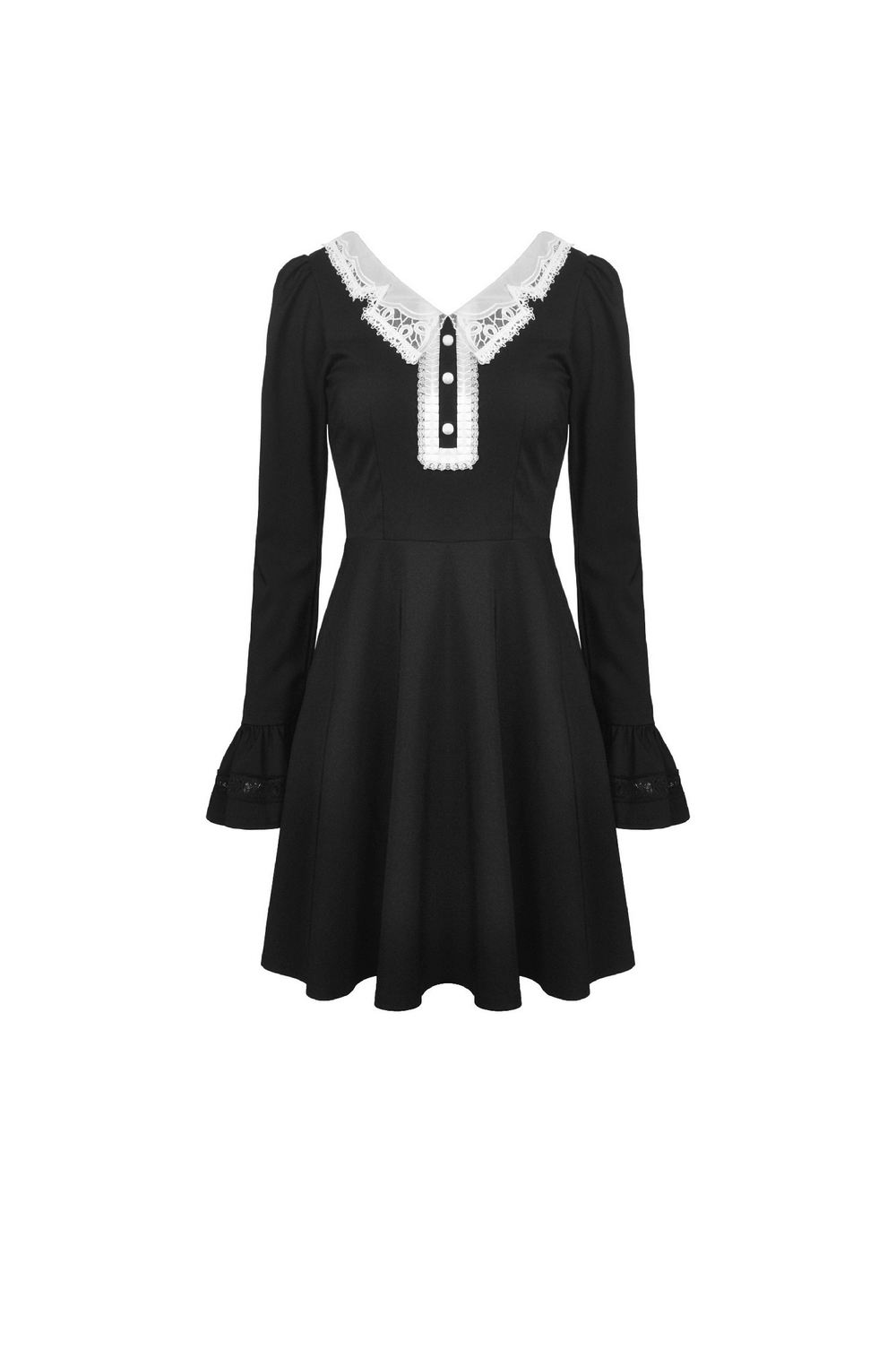 Elegant vintage black dress with white lace collar and cuffs, perfect for any occasion.