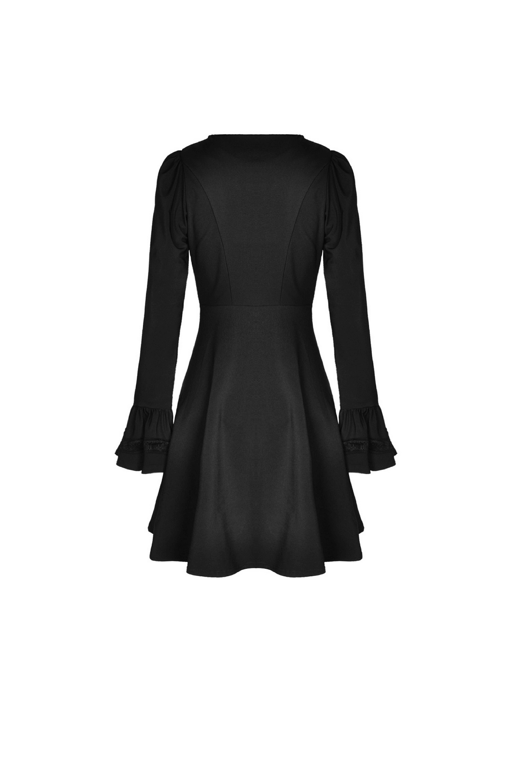 Back view of an elegant black dress with long sleeves and ruffled cuffs, showcasing its vintage-inspired design.