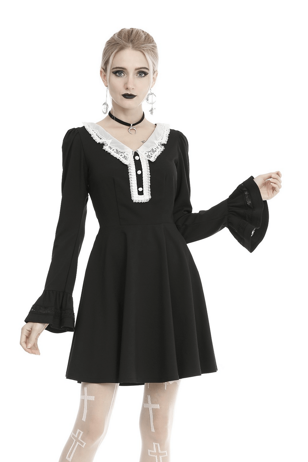 Vintage-inspired black dress with white lace collar and cuffs, perfect for stylish and elegant occasions.