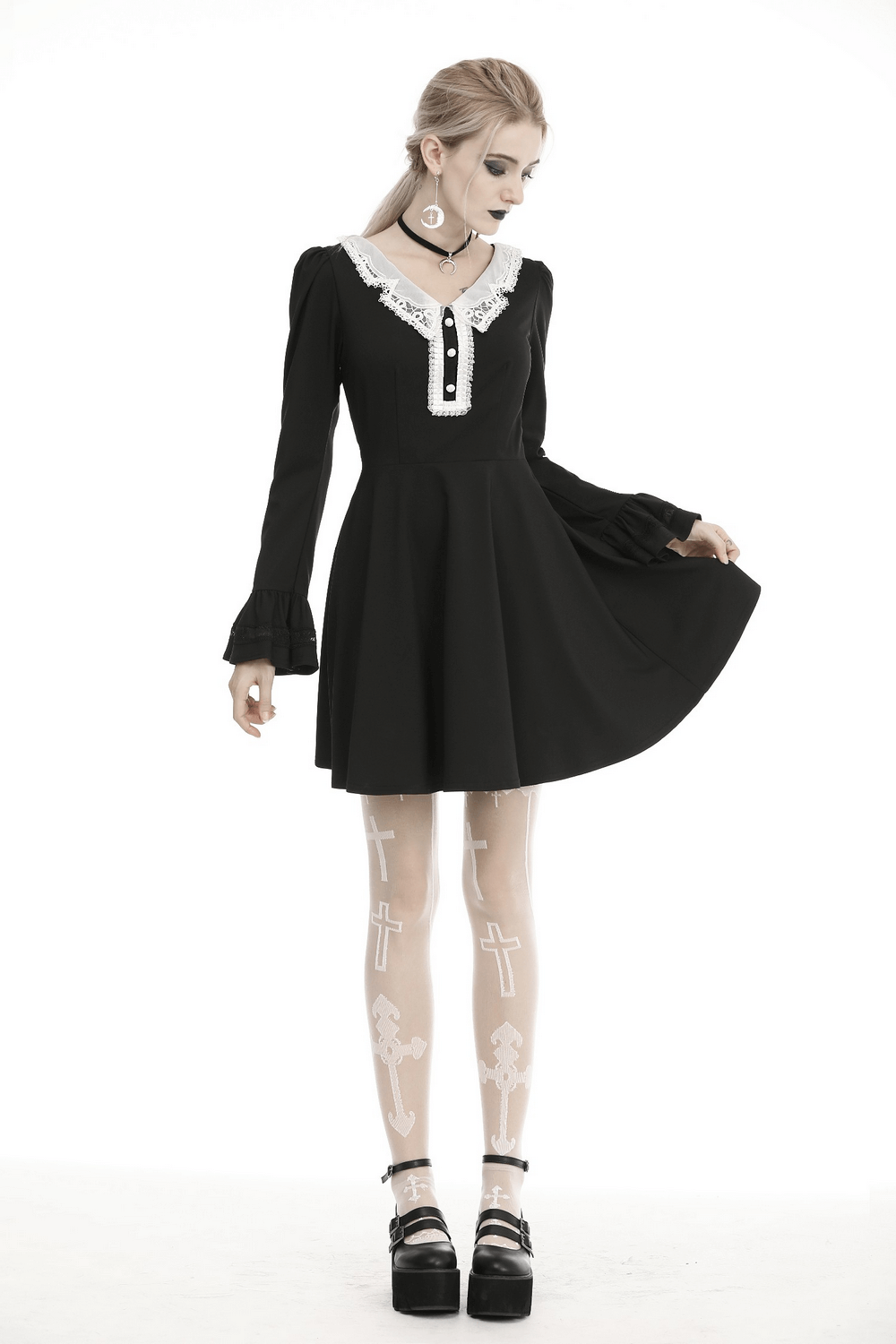 Elegant Black Dress with Lace Collar and Cuff Detail