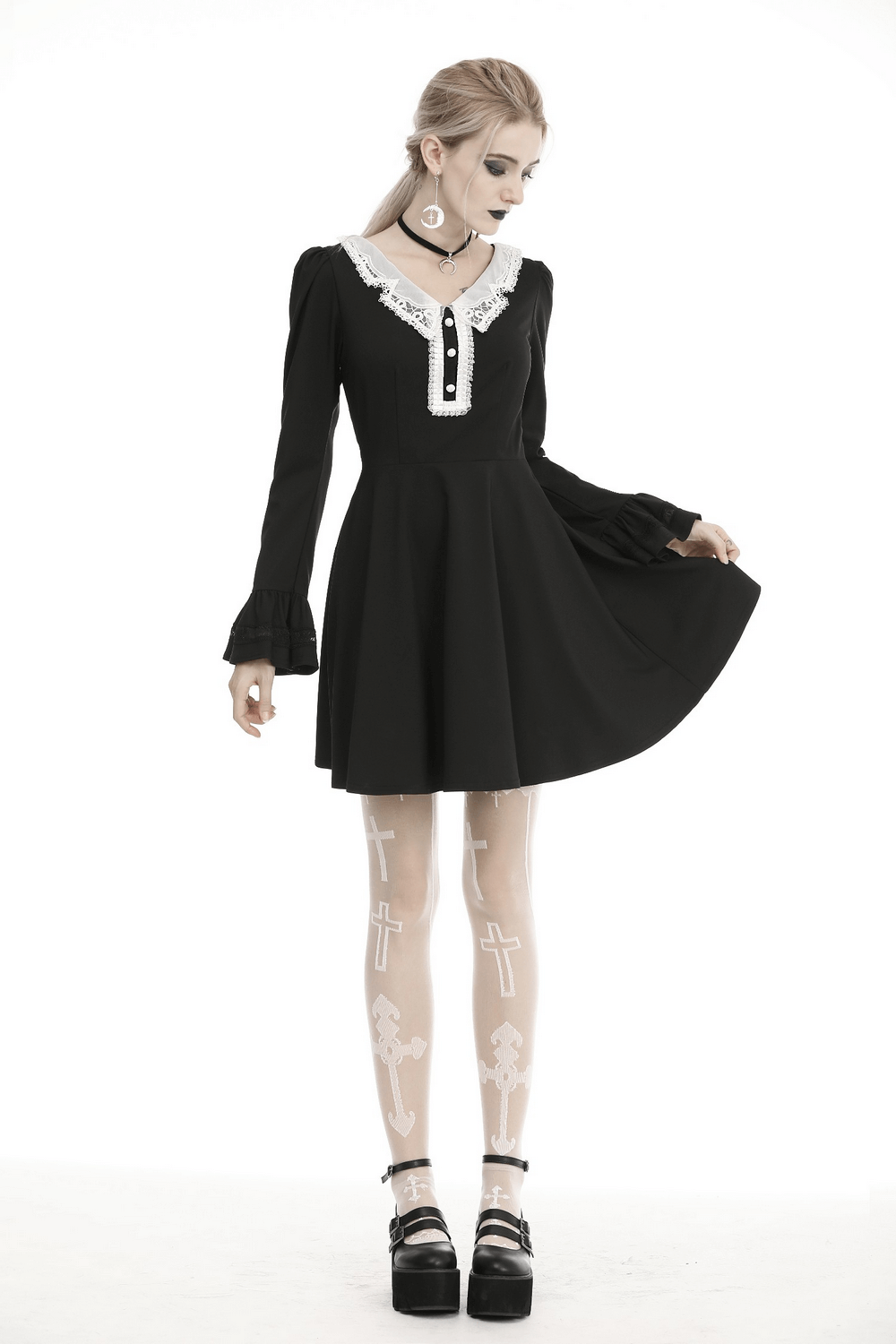 Vintage-inspired black dress with white lace collar and cuffs, perfect for stylish occasions.