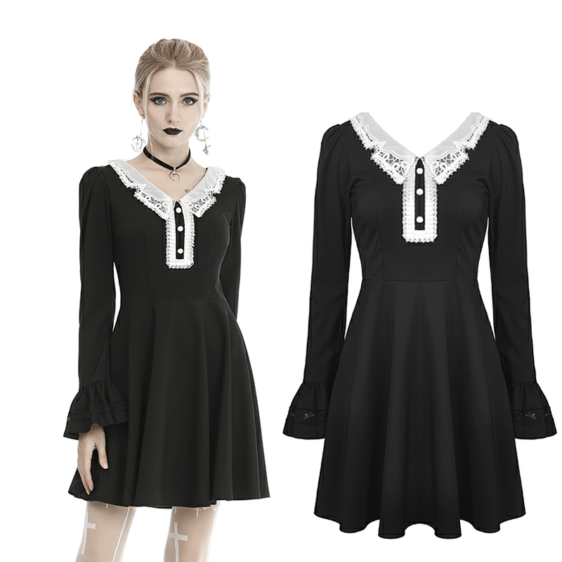 Elegant black dress with white lace collar, cuff details, and vintage-inspired design for timeless fashion.