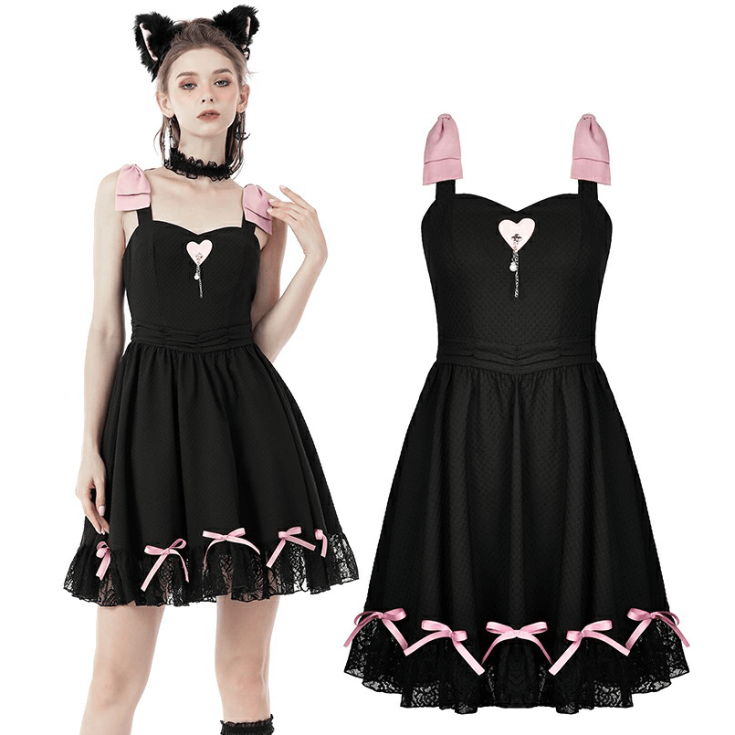 Elegant black dress with pink ribbons and lace hem, heart pendant, perfect for chic parties and special occasions.