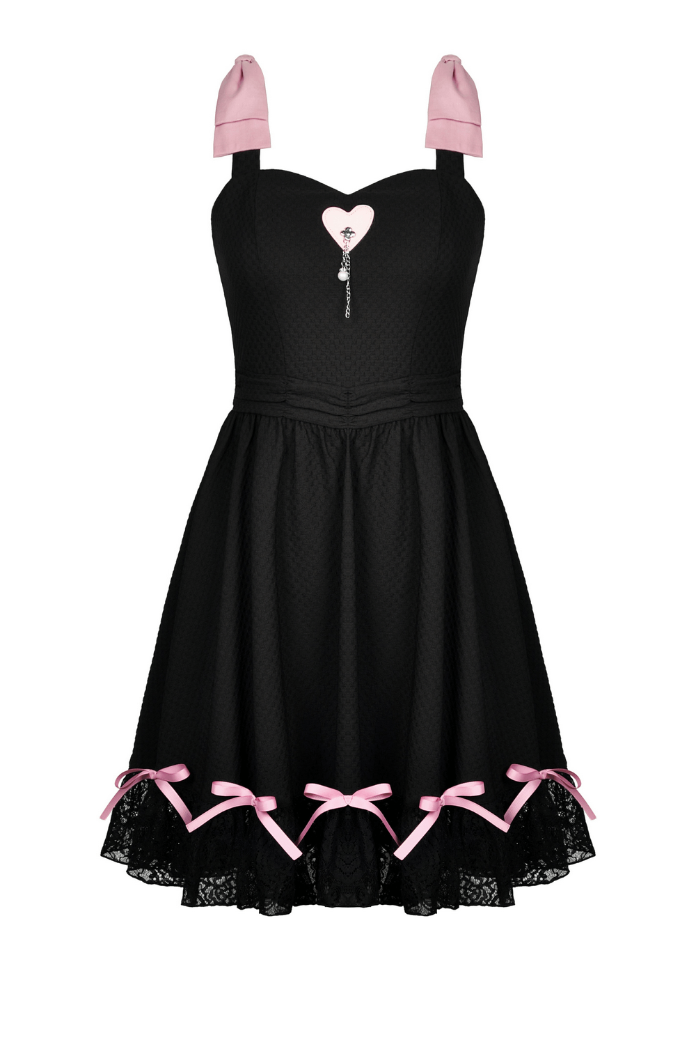 Elegant black party dress with pink ribbons, lace detail, and heart pendant. Perfect for special occasions.