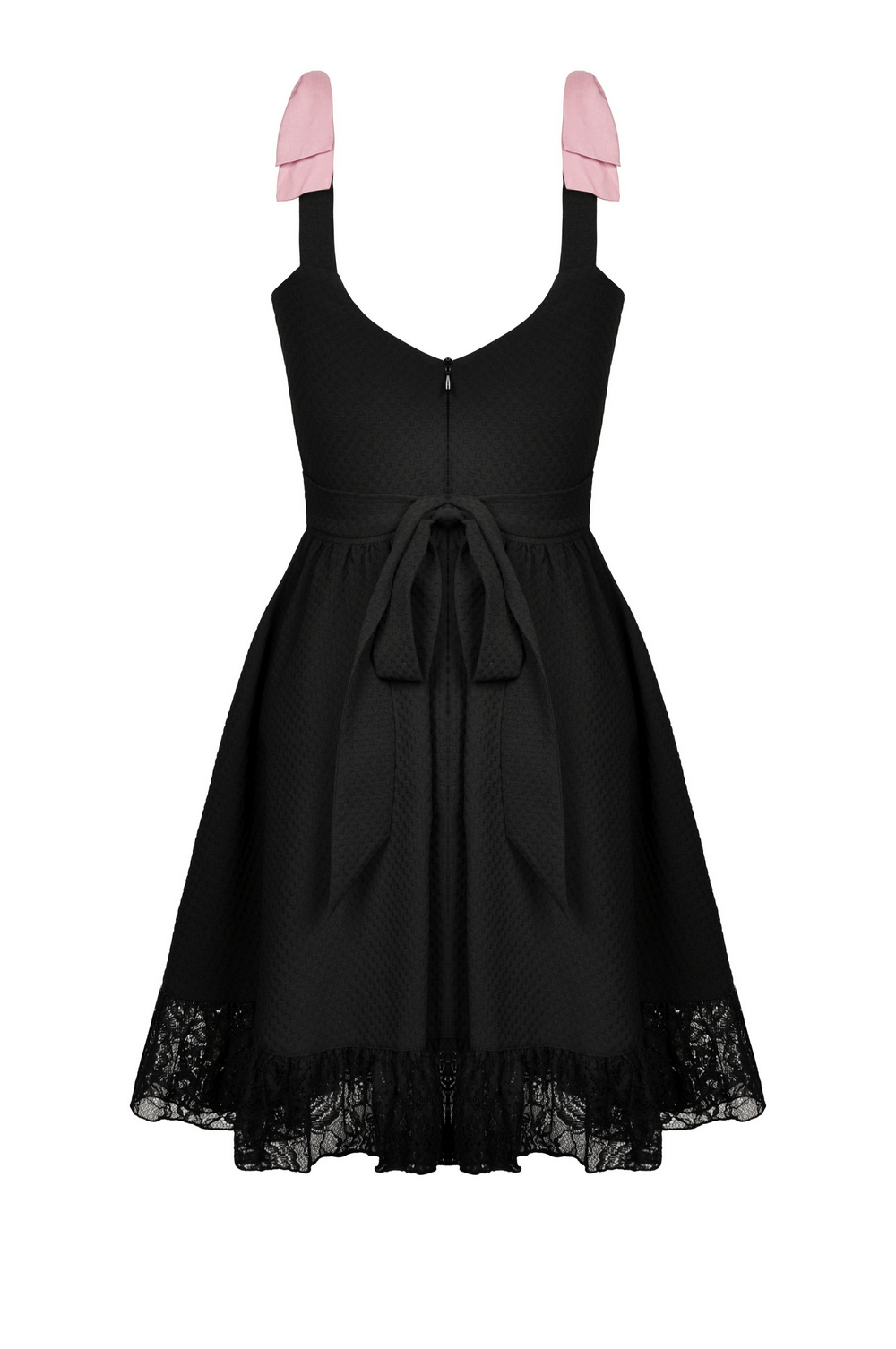 Elegant black dress with pink ribbon straps and lace hem, perfect for parties and special occasions.