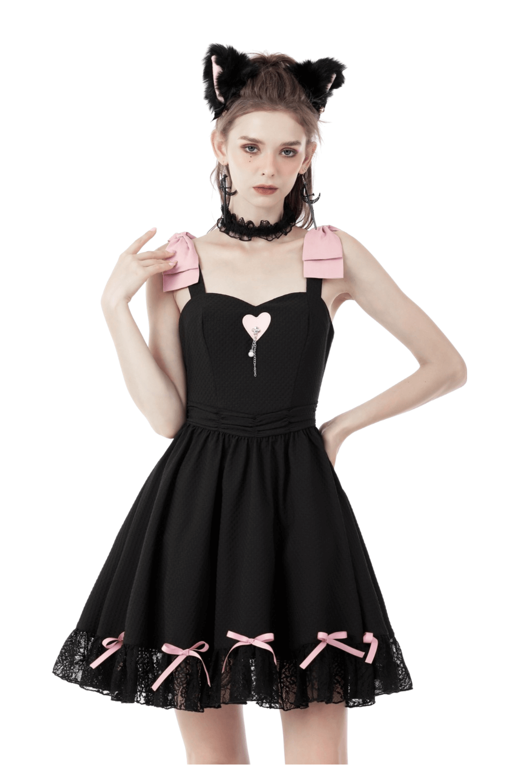 Elegant Black Dress with Pink Ribbons and Lace Detail