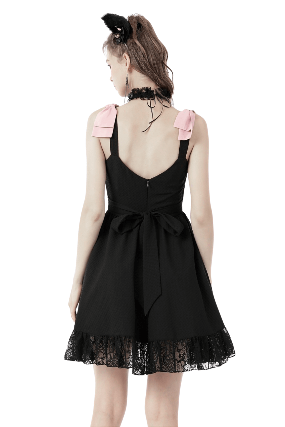 Elegant black dress with pink ribbons and lace detail, showcasing a playful A-line silhouette and charming bow accents.