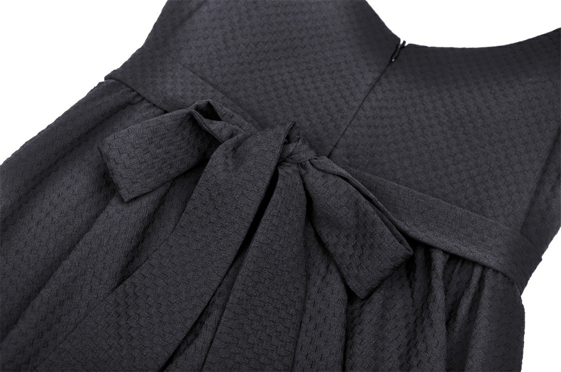 Elegant black dress with pink ribbon detail and bow accents, perfect for chic parties and special occasions.