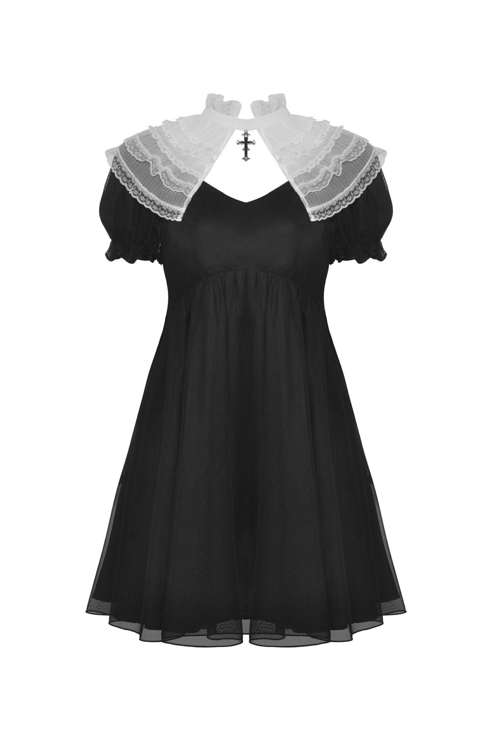 Elegant Black Dress with Removable Lace Collar and Short Sleeves