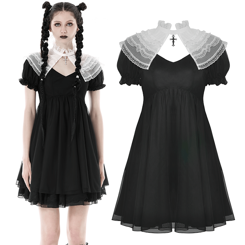 Elegant Black Dress with Removable Lace Collar and Short Sleeves