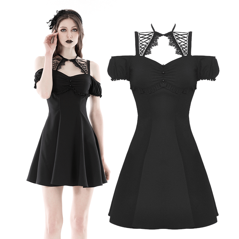 Elegant black mini dress with unique strappy neckline and puff sleeves, perfect for gothic-inspired fashion.