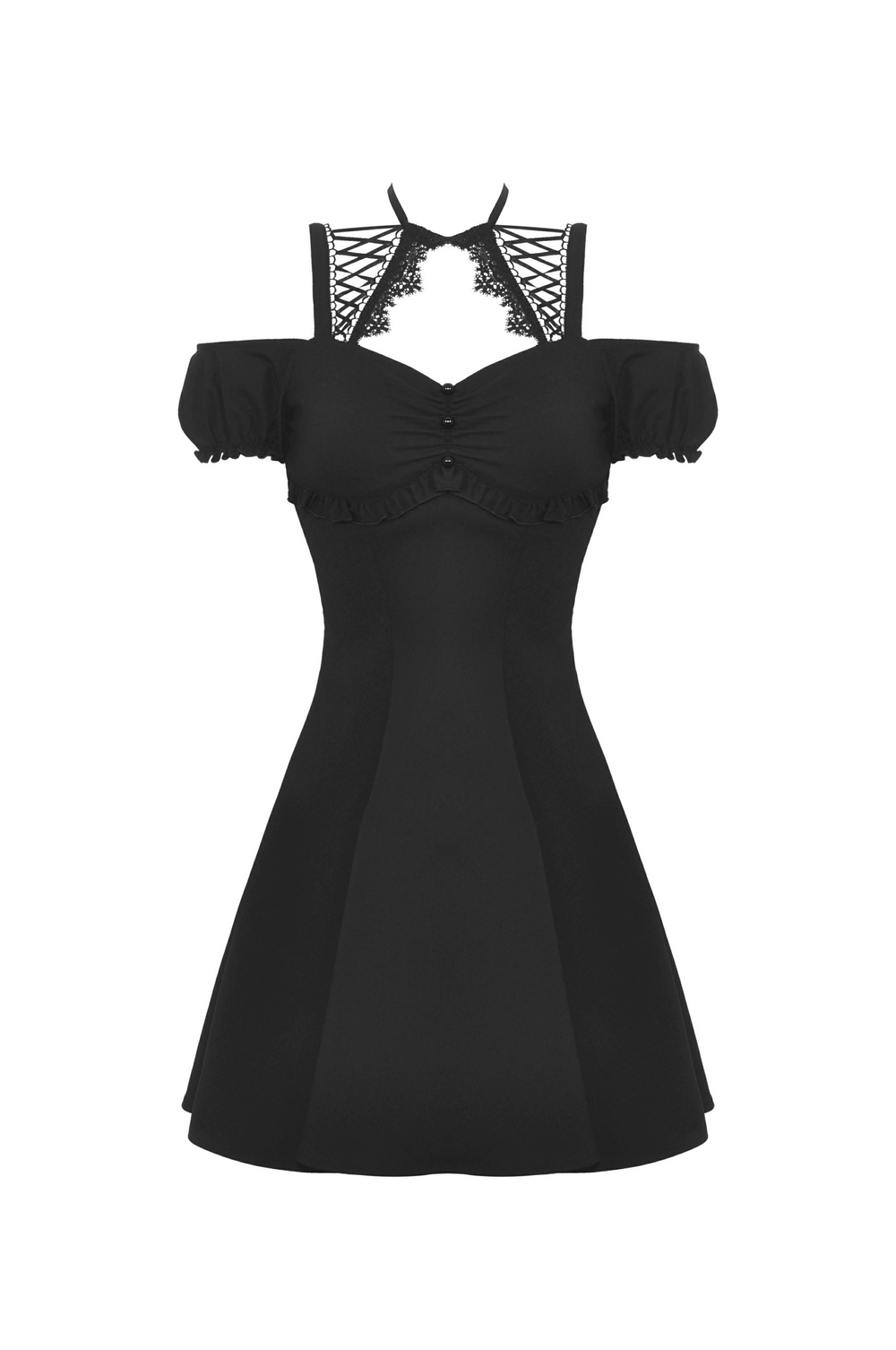 Elegant black gothic mini dress with unique strappy neckline and cold shoulder details, perfect for stylish statements.