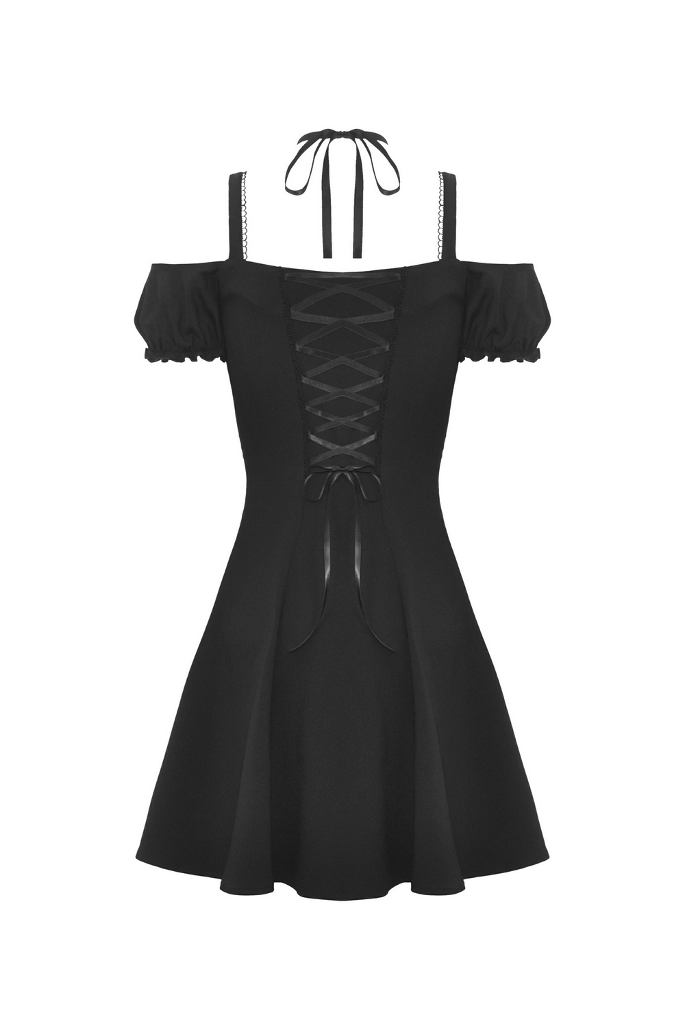 Gothic-inspired black mini dress featuring a unique strappy neckline and shoulder detail, perfect for edgy elegance.