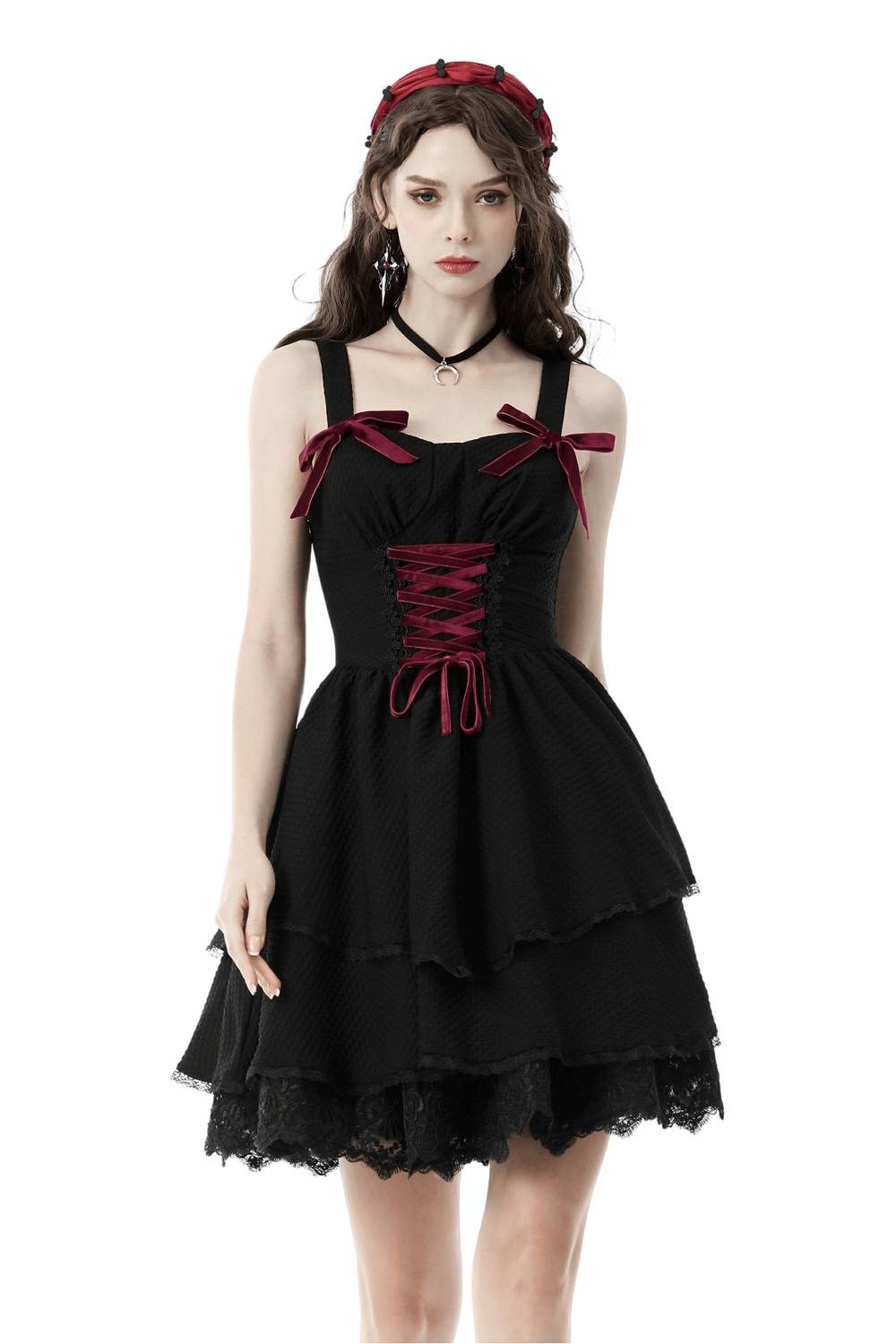 Elegant Black Dress with Velvet Red Ribbon Accents