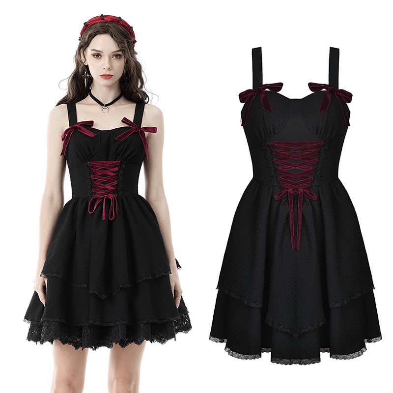 Elegant Black Dress with Velvet Red Ribbon Accents