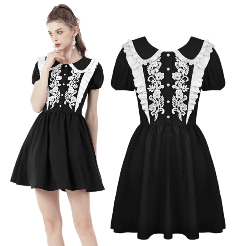 Elegant black dress with white floral embroidery and Peter Pan collar, perfect for any occasion.