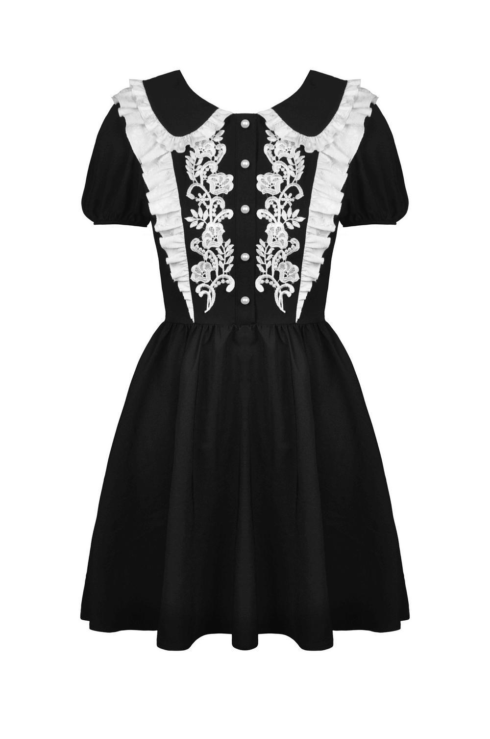 Elegant black dress with white floral embroidery and Peter Pan collar, perfect for any occasion.