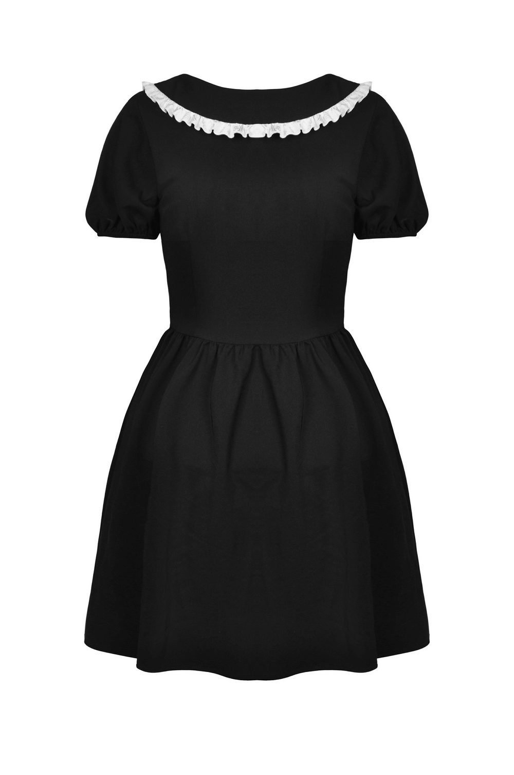 Elegant black dress with white floral embroidery and Peter Pan collar, perfect for chic and sophisticated style.