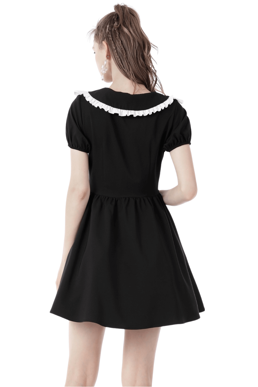 Chic back view of an elegant black dress with a white Peter Pan collar and short sleeves, showcasing floral embroidery.