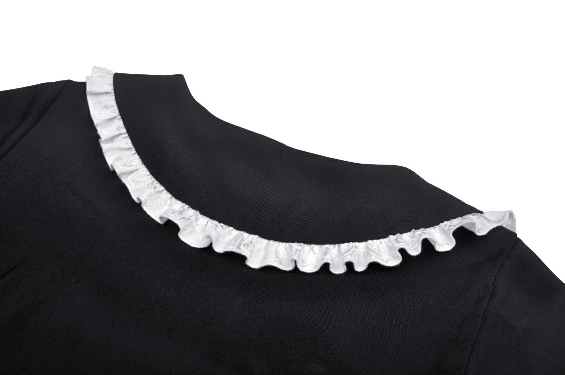 Elegant black dress with white ruffled Peter Pan collar, showcasing chic embroidery details.
