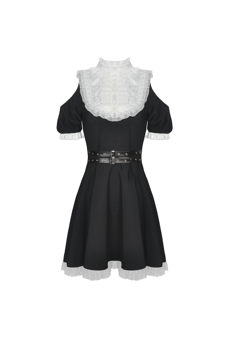 Elegant Black Dress with White Lace and Belt Accent