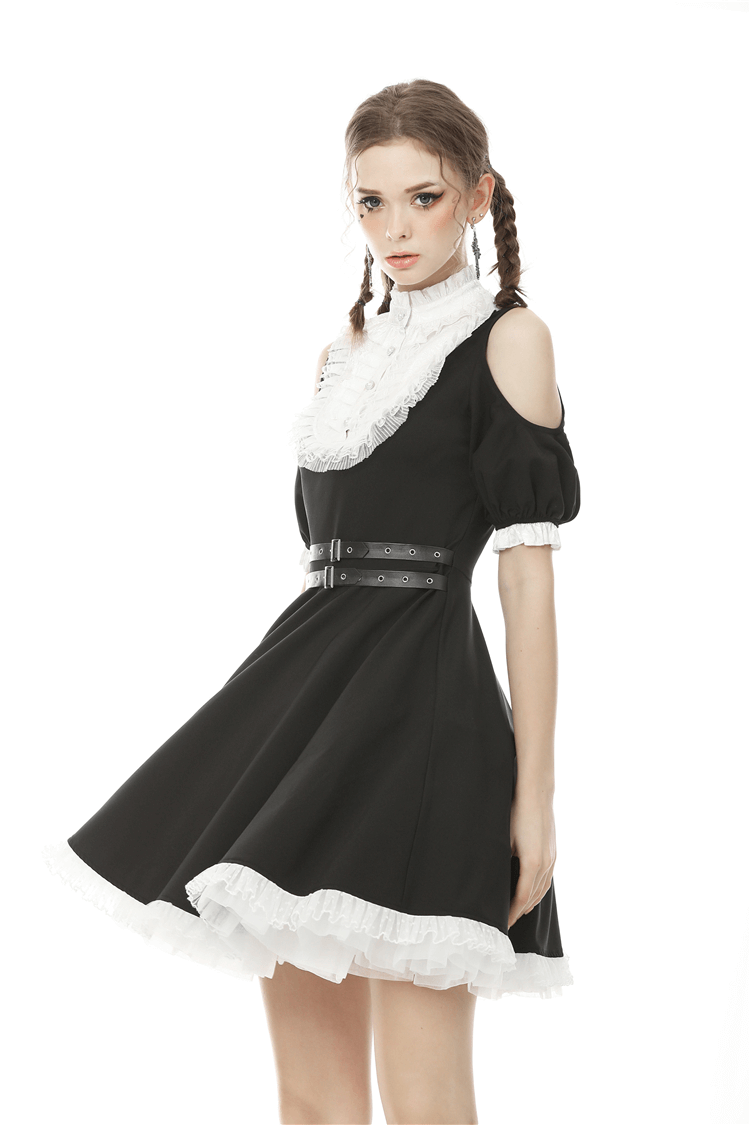 Elegant Black Dress with White Lace and Belt Accent