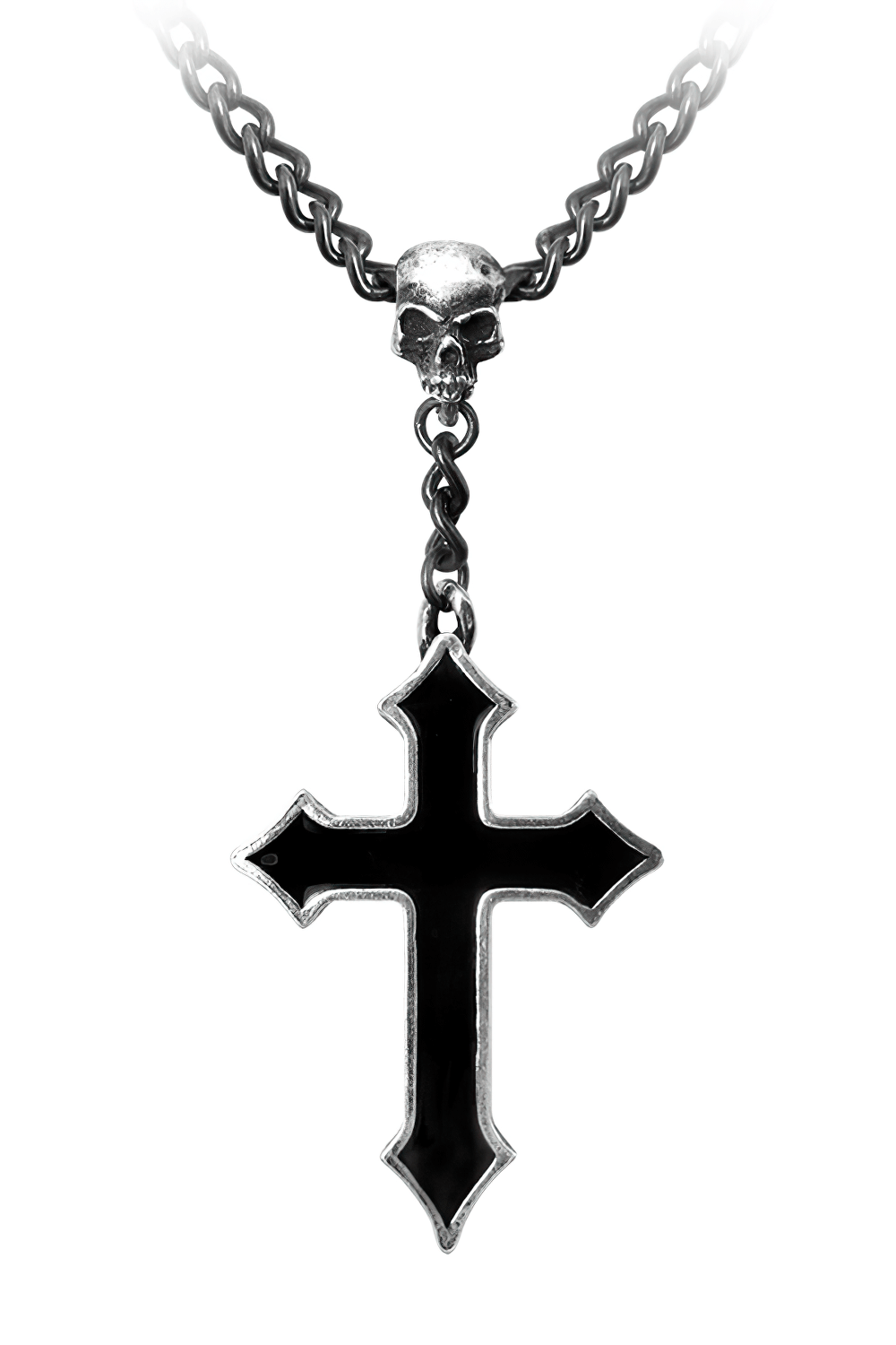 Gothic black enamel cross pendant with pewter skull on dark curb chain, perfect for edgy fashion lovers.