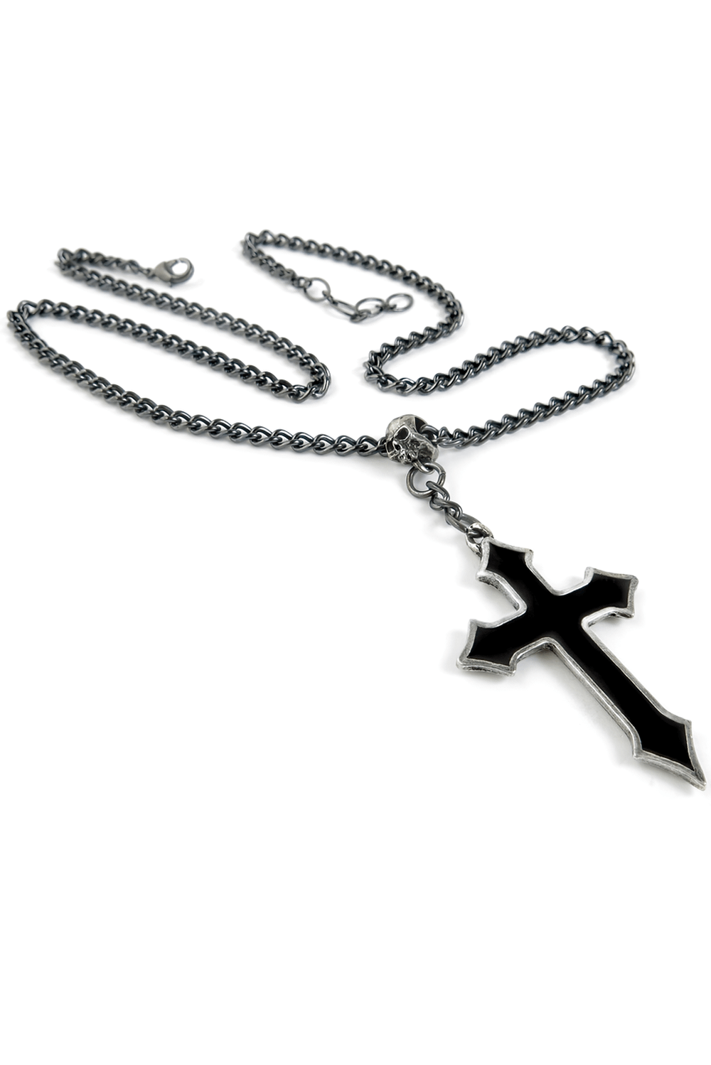 Elegant black enamel cross pendant with pewter skull on black curb chain, perfect for gothic fashion.