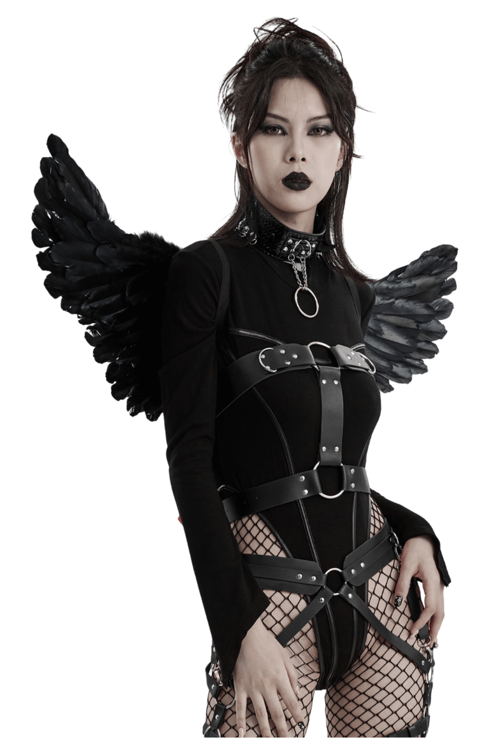Elegant black feather wings worn with a stylish outfit, perfect for dark angel costumes and themed events.