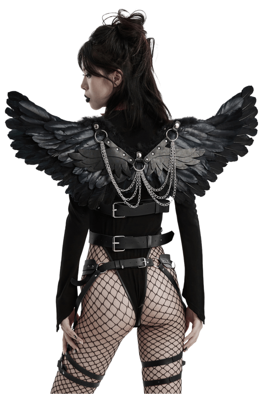 Stylish black feather wings with chains for dark angel costumes and fantasy events.