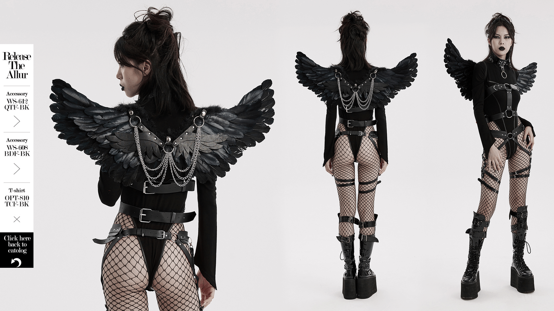 Elegant black feather wings showcased on a model, perfect for costumes and themed events, featuring adjustable straps.