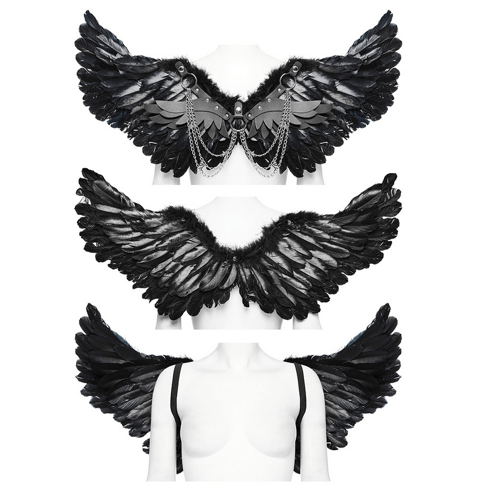 Elegant black feather wings with adjustable straps, perfect for costumes and events, showcasing exquisite craftsmanship.