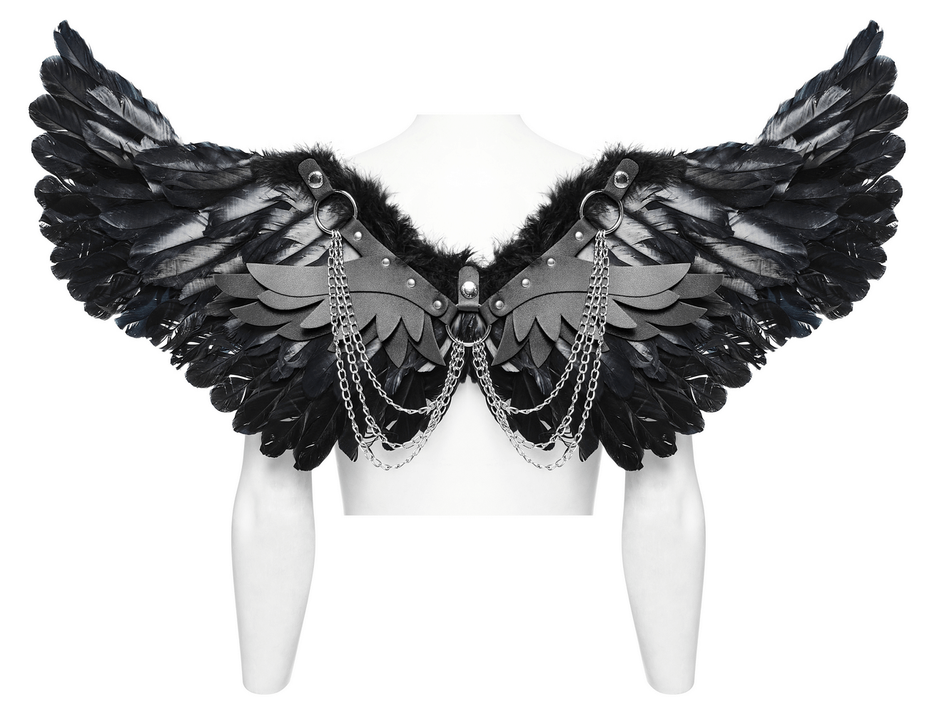 Elegant black feather wings with adjustable straps for costumes and themed events.