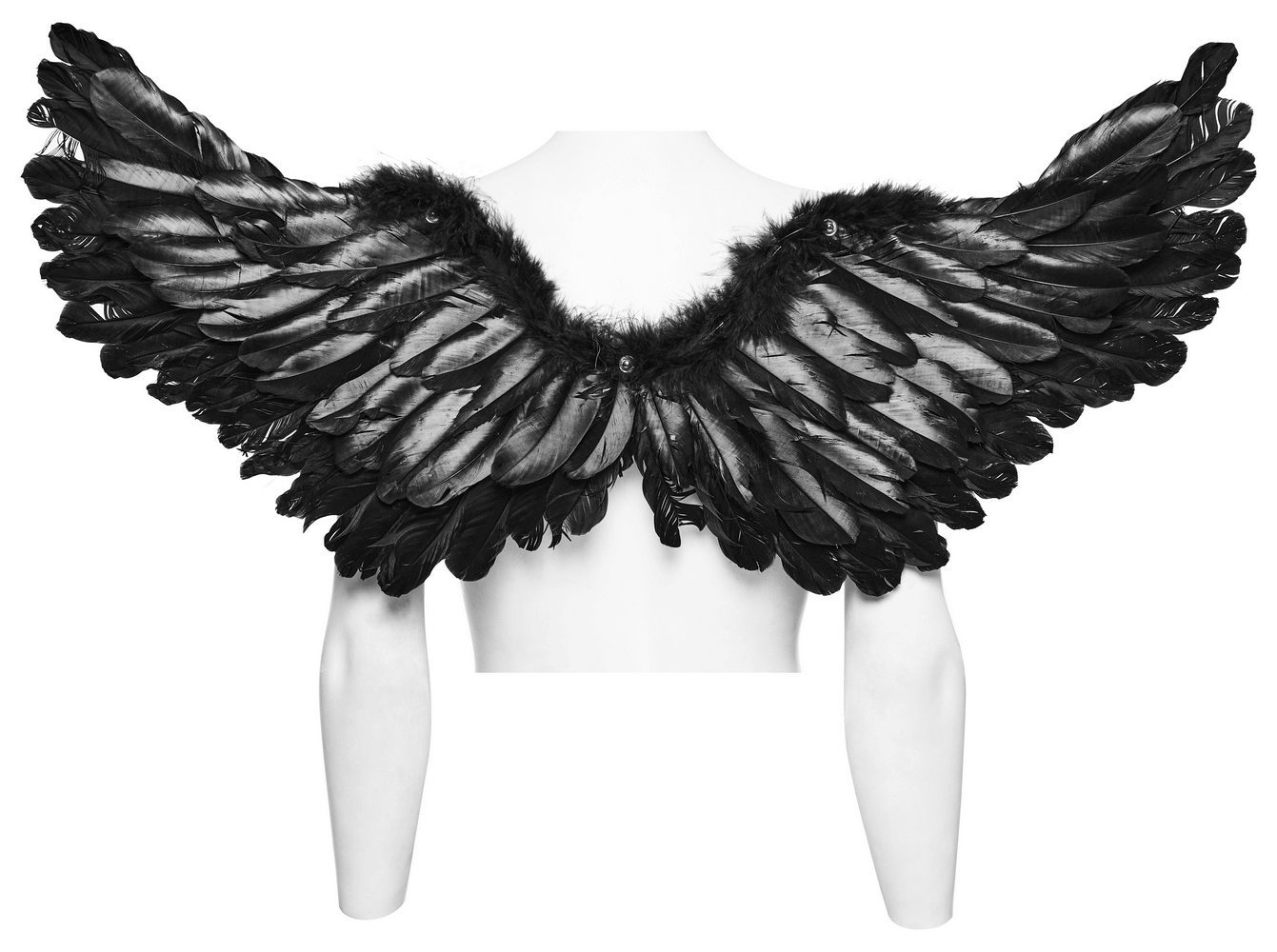 Elegant black feather wings with adjustable straps for costumes and events, showcasing stunning artistry.