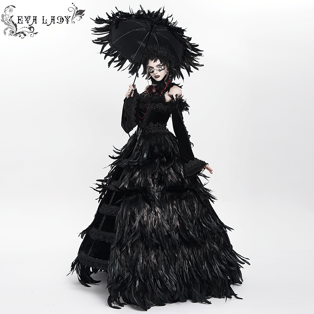 Elegant black feathered Gothic umbrella with beaded detail, worn by a model in a dramatic Gothic outfit.