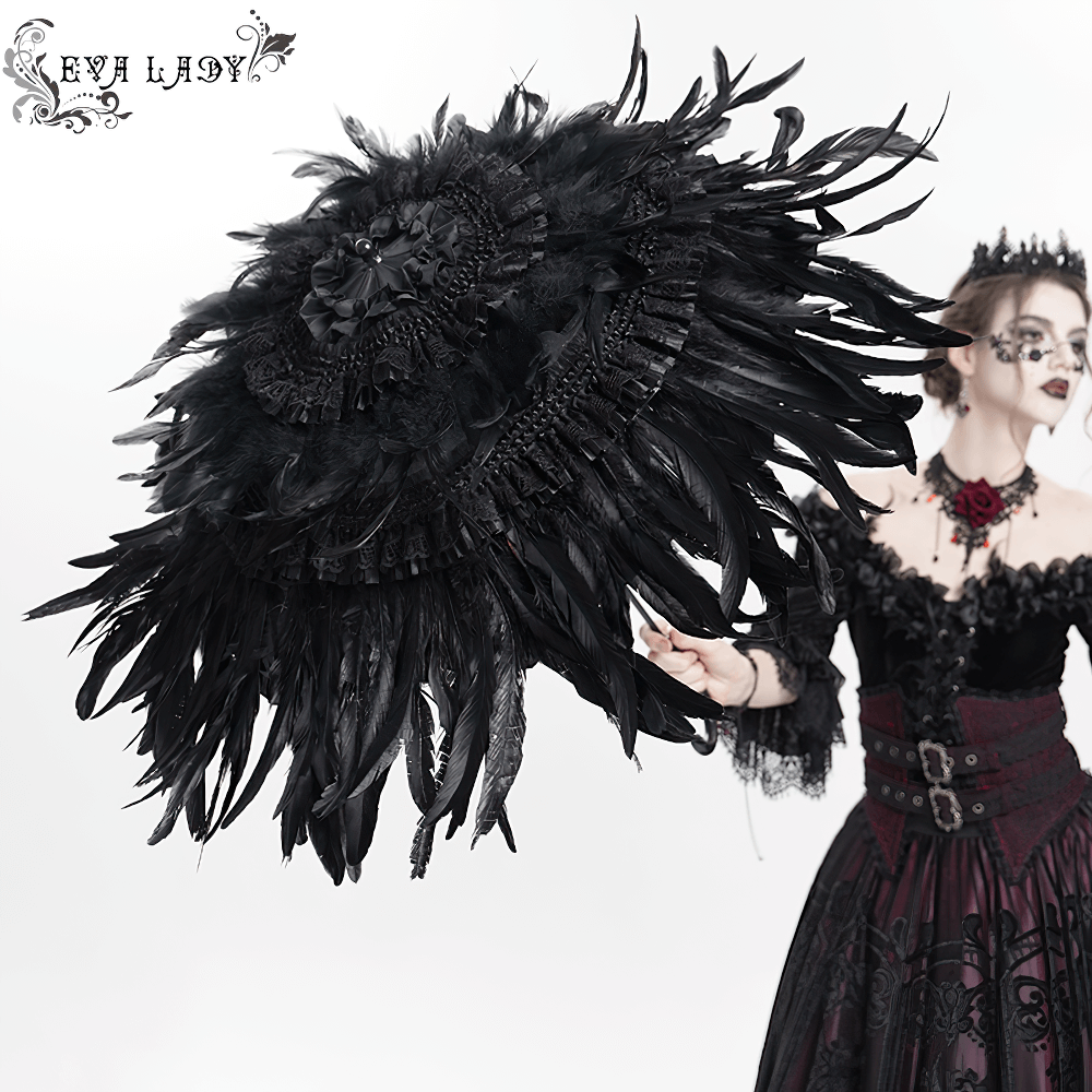 Elegant black feathered Gothic umbrella with lace, perfect for dark fashion and Victorian styles.