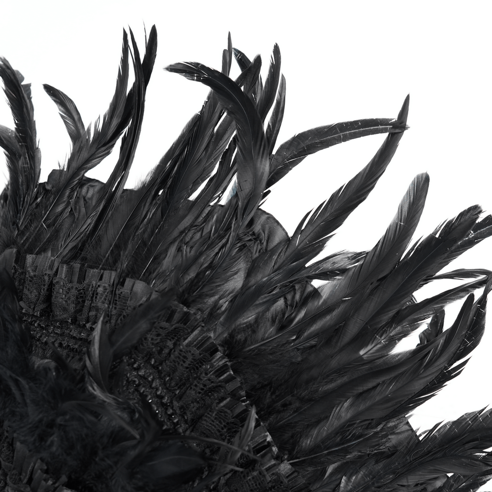 Elegant black feathers atop a gothic umbrella, showcasing intricate detail and dramatic flair for alternative fashion.