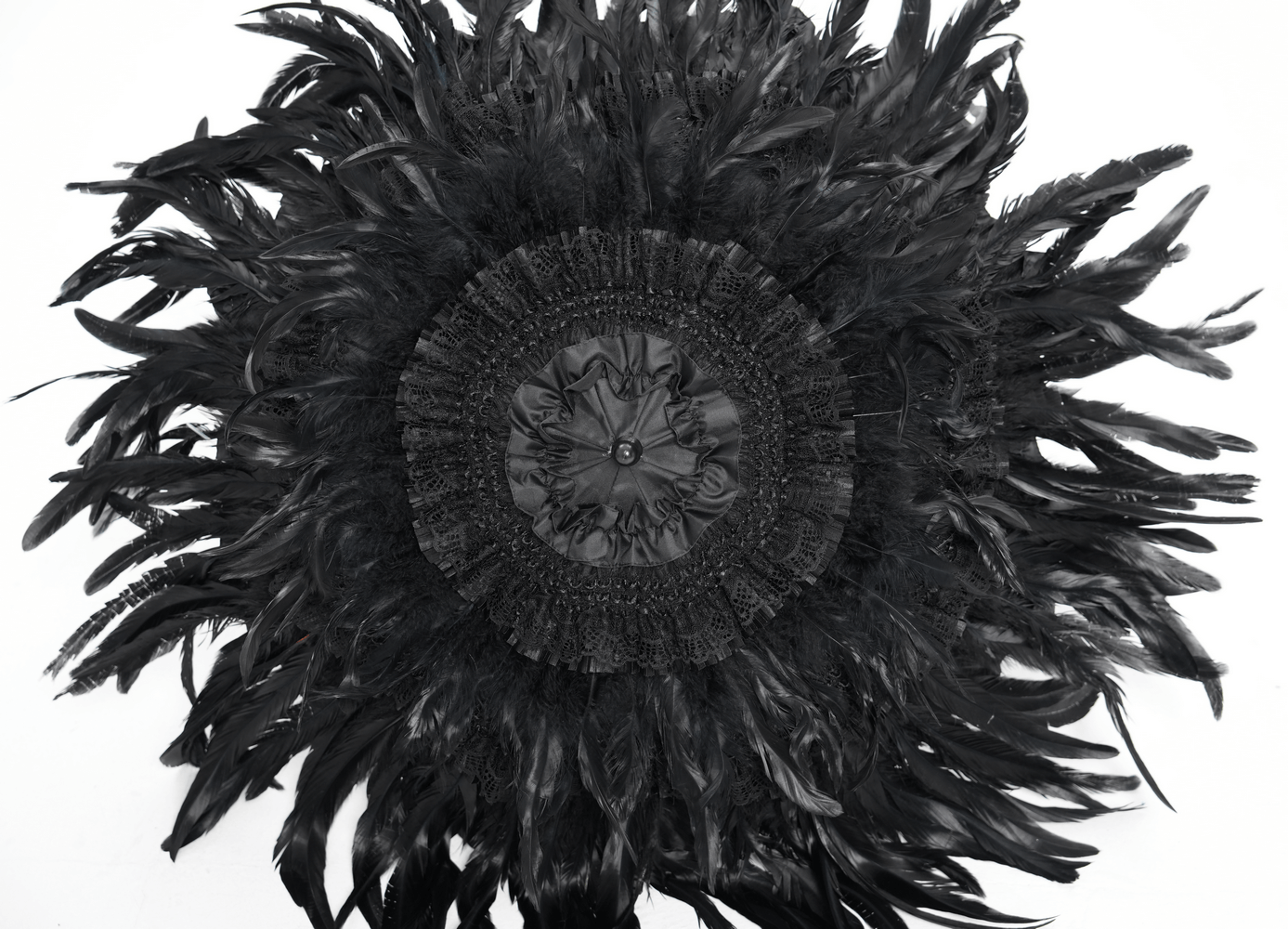 Elegant black feathered umbrella top with intricate lace and bead details, perfect for Gothic fashion.