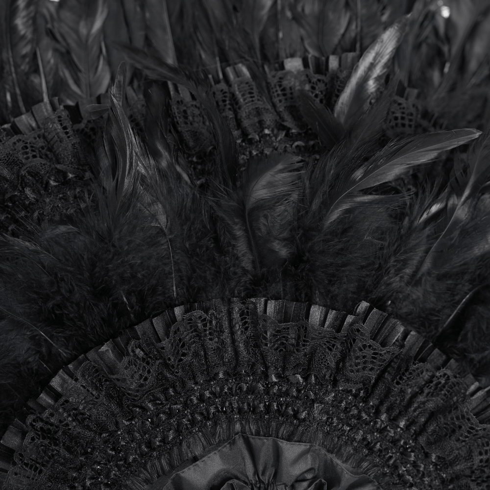 Close-up of elegant black feather detail on a gothic umbrella, featuring lace and bead embellishments.