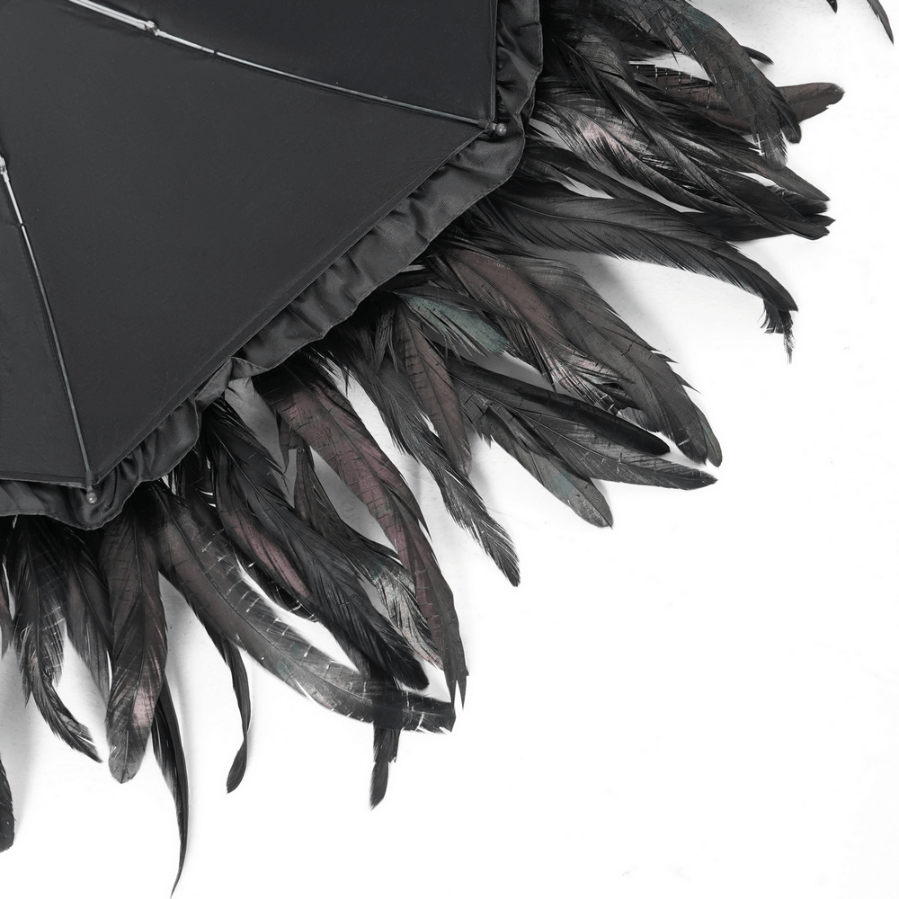 Elegant black feathered Gothic umbrella showcasing intricate plume details and luxurious design.