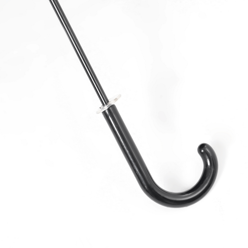 Close-up of a sleek black umbrella handle with an elegant curved hook design, perfect for gothic fashion.