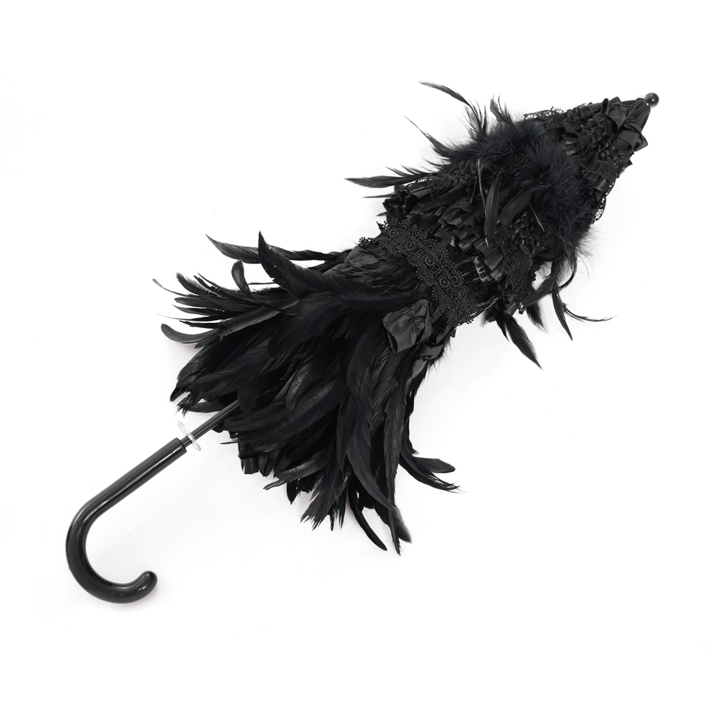Elegant black feathered Gothic umbrella with beaded detail for dramatic dark fashion.