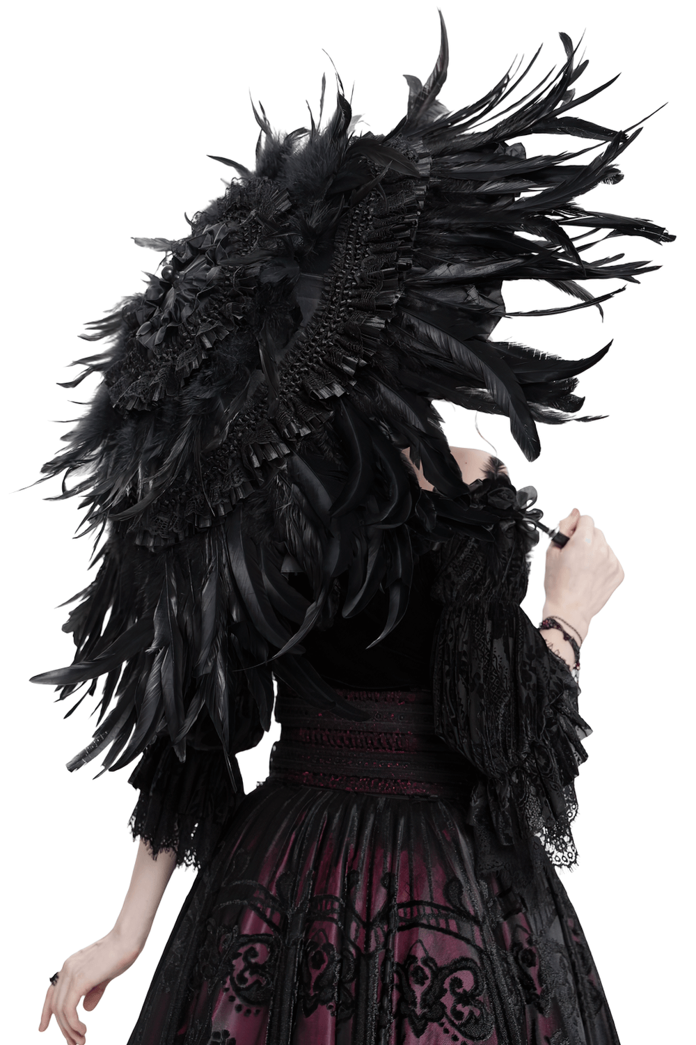 Elegant black feathered Gothic umbrella with lace, perfect for dark fashion and dramatic flair.