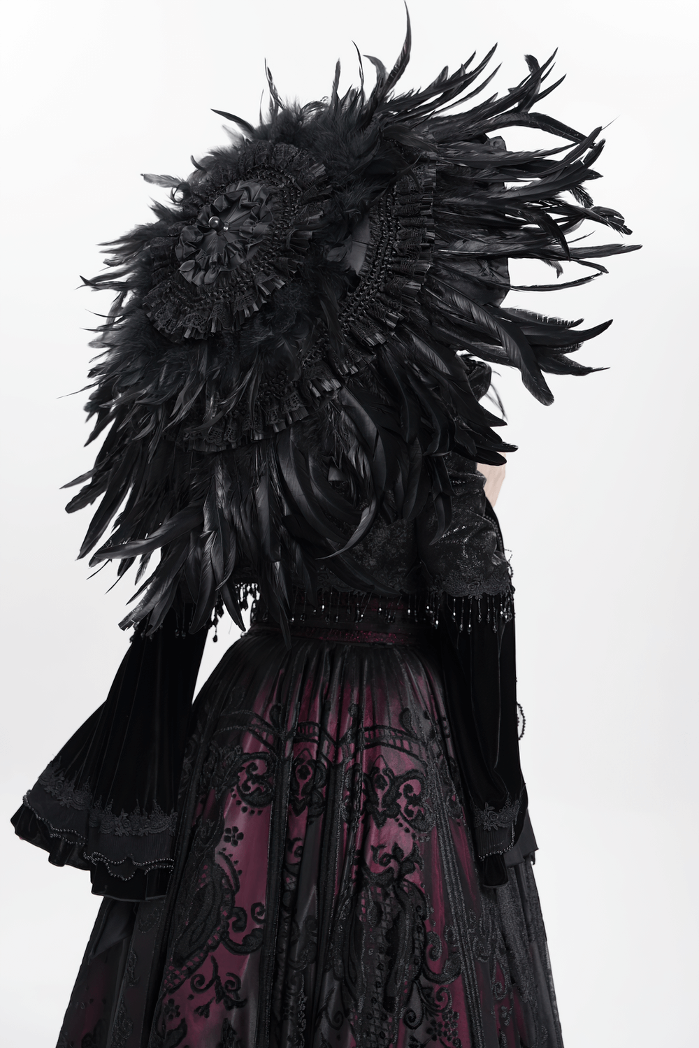 Elegant black feathered Gothic umbrella with intricate lace and bead details, perfect for dark fashion.